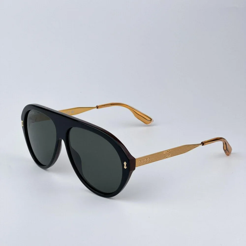 Gucci Men BRAND NEW Sunglasses Black Gold Havana Grey Aviator GG1515S 001